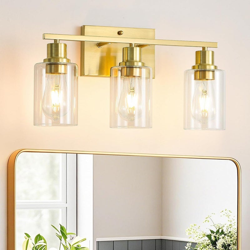 EMONG Gold Bathroom Light Fixtures, 3-Lights Vanity Light with Clear Glass Shade, Brushed Brass Wall Sconce for Hallway, Farmhouse, Living Room - Image 1
